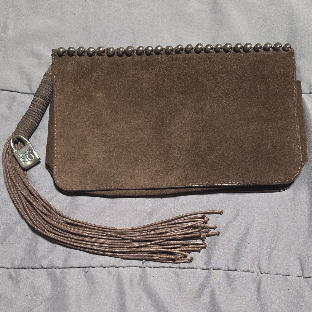 UNO de 50 Brown Vintage Suede Leather Clutch with Tassel and Beaded Trim